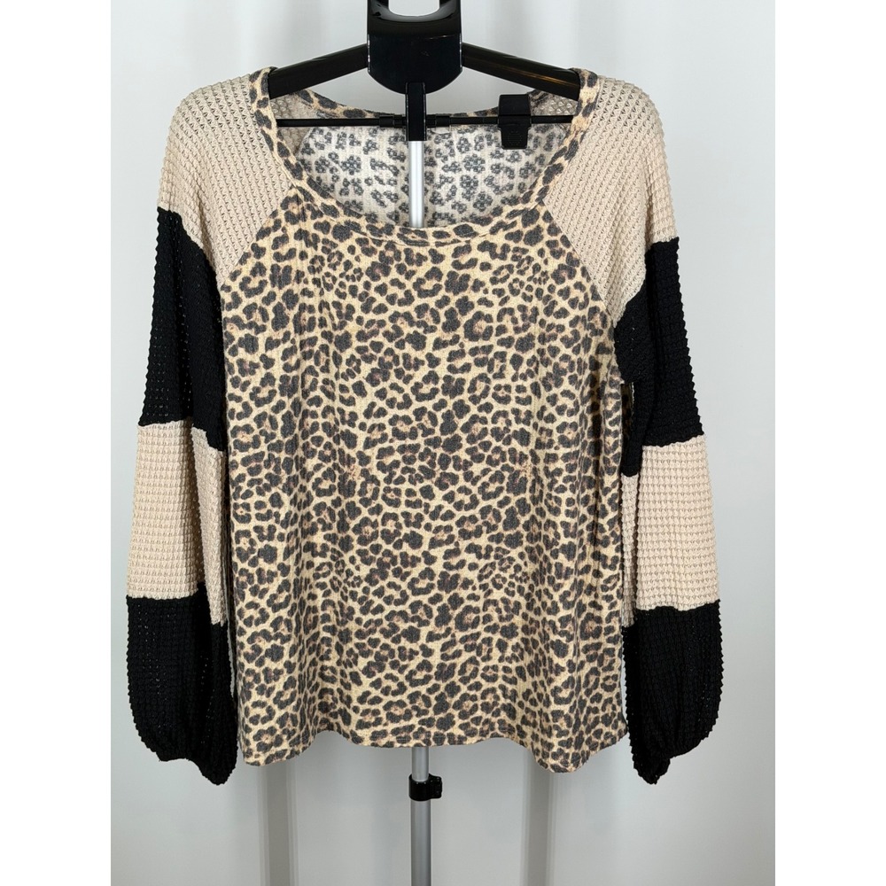 BiBi Womens Leopard Print Waffle Knit Top Colorblock Raglan Sleeve Large